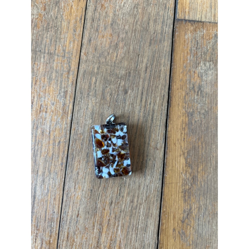 Murano Glass Rectangle Pendant Amber Brown White Mosaic Handmade Italy